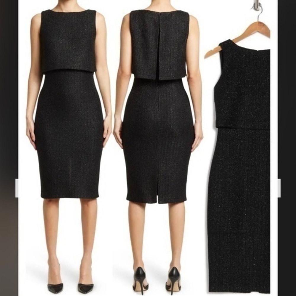 ST. JOHN Metallic Tweed Sleeveless Midi Dress in Black Size 10